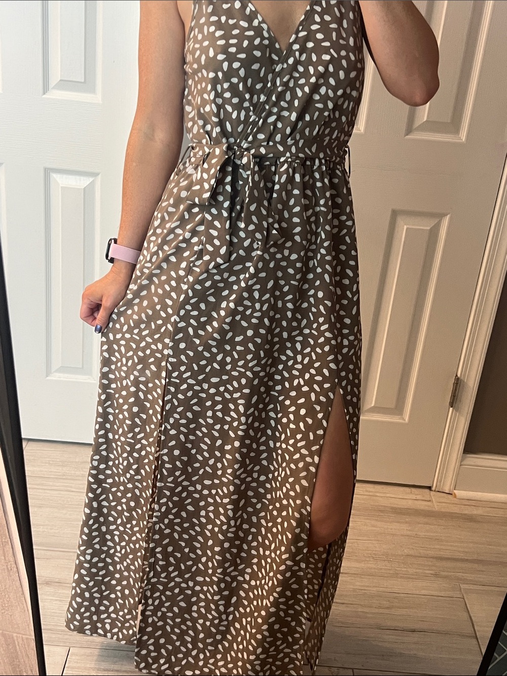 Sleeveless Brown Printed Maxi Dress with Tie Waist